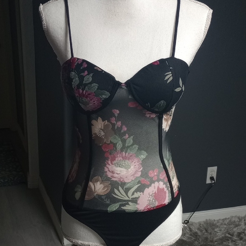 Willow Black Mesh Bodysuit with Pink and Green Floral Design